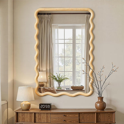 Full Length Mirror, 55"x28" Boho Wavy Wood Floor Mirror, for Bathroom, Bedroom, Living Room, Cloakroom, Entryway