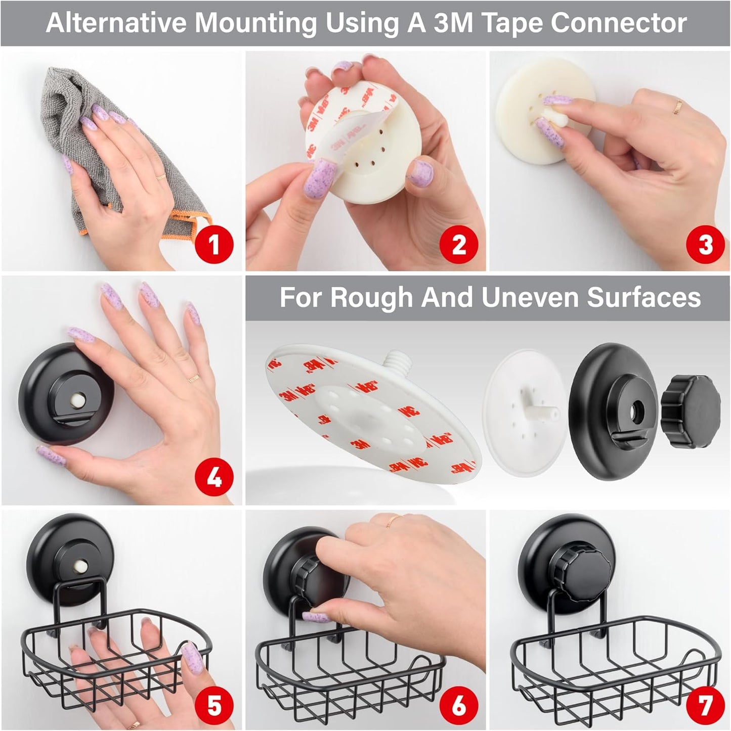 HASKO Suction Cup Soap Dish for Shower Wall, Rustproof Stainless Steel Shower Soap Holder for Bathroom with Hooks and Soap Saver, Includes Optional No Drill Adhesive Mount, Silver