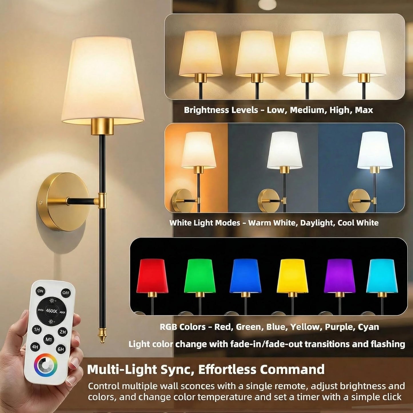 IRONPAX Wall Sconces Battery Operated Set of 2, Wireless Rechargeable Wall Sconce Set of Two, Dimmable Wall Lights with Remote for Bedroom Living Room Hallway Decor (Gold, Fabric Shade)