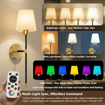 IRONPAX Wall Sconces Battery Operated Set of 2, Wireless Rechargeable Wall Sconce Set of Two, Dimmable Wall Lights with Remote for Bedroom Living Room Hallway Decor (Gold, Fabric Shade)