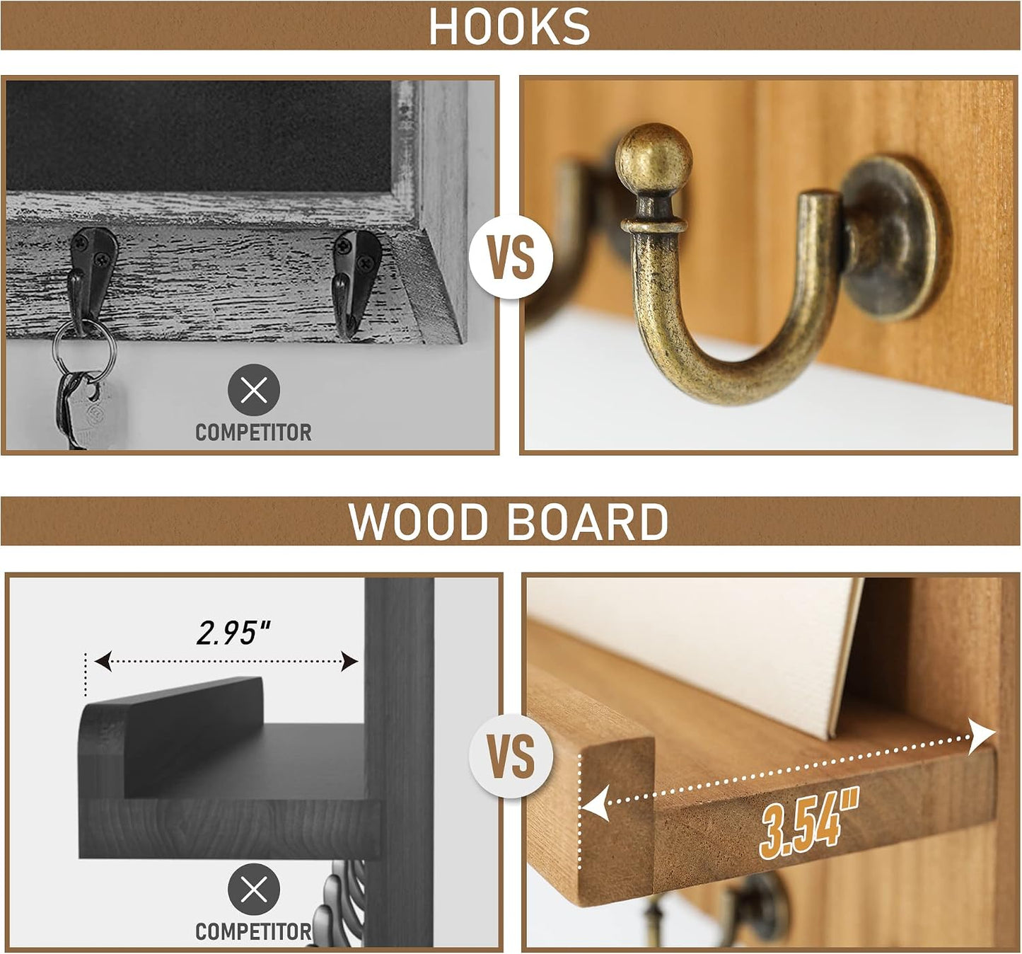 Rebee Vision Decorative Key Holder Wall Mount - Rustic Key Holder for Wall with Shelf and Mail Organizer for Living Room Decor - Home Essentials for Home Improvement (Brown, 3.54" x 10" x 7.28")