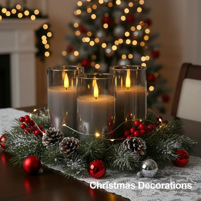 5plots Glass Battery Operated White Flameless Candles with Remote Timer, 3D Wick Real Wax Pillar Led Candles Warm Flickering Light for Indoor Home, Halloween, Christmas Decor, Set of 3, D3 x H4 5" 6"