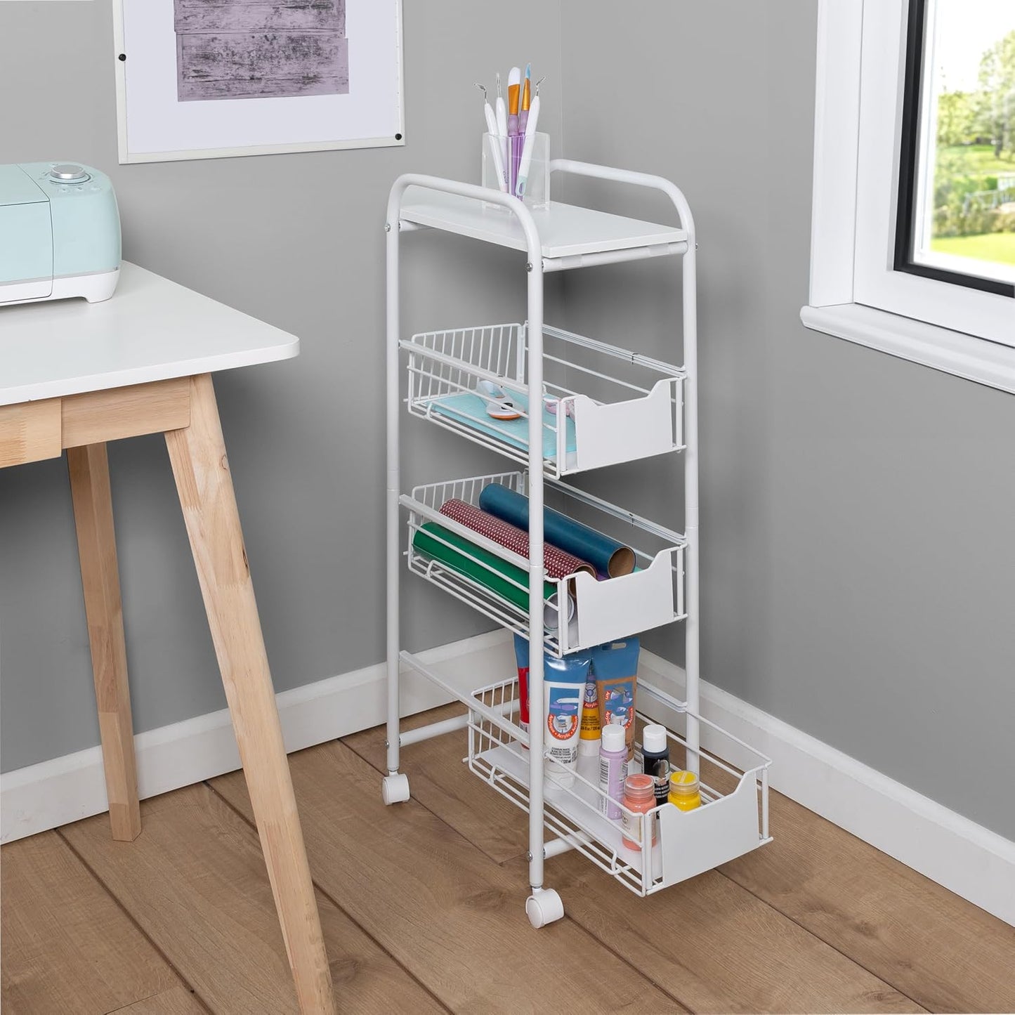 Honey-Can-Do 4-Tier Slim Rolling Metal Utility Cart with Drawers, White