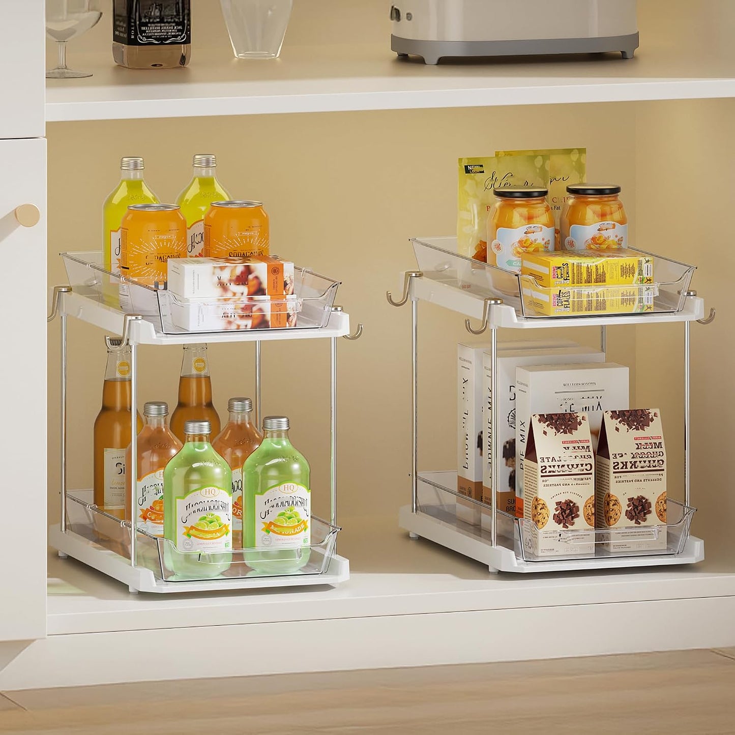 Delamu 2 Tier Under Sink Organizer Bathroom, Bathroom Cabinet Organizer with Snap-Lock Design and Hooks, Pull Out Storage with Movable Dividers, for Countertop, Kitchen and Pantry (Clear, 2 Pack)