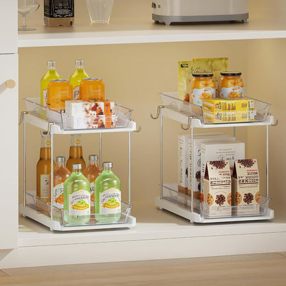 Delamu 2 Tier Under Sink Organizer Bathroom, Bathroom Cabinet Organizer with Snap-Lock Design and Hooks, Pull Out Storage with Movable Dividers, for Countertop, Kitchen and Pantry (Clear, 2 Pack)