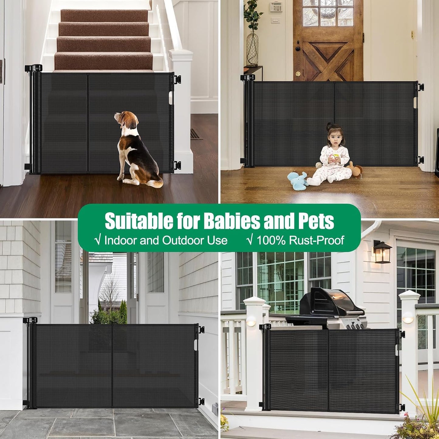 Reinforced 50" Wide Retractable Baby Gates for Doorways, Retractable Dog Gate for Stairs with Support Rods – Prevent Crawling Under, Outdoor Indoor Mesh Baby Gate Retractable Gates for Dogs, White