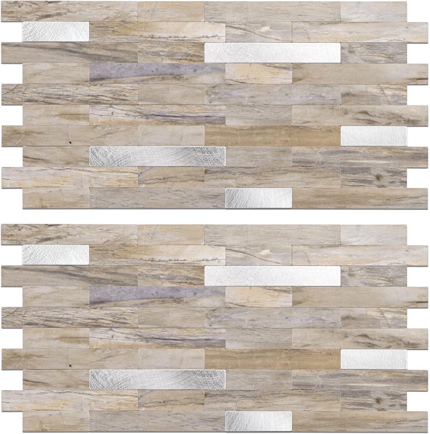 Peel and Stick Backsplash Tile Waterproof Removable PVC Wall Sticker 3D Faux Stone Marble Brick White Accent Panels (White Marble - Metal Silver, 20 Tiles - 9 sq. ft. (0.84 M²))