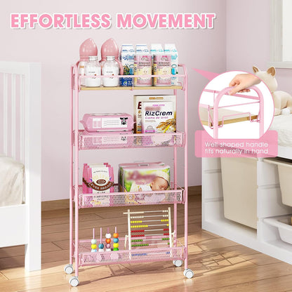 TOOLF 4-Tier Slim Rolling Cart, Metal Utility Cart, Slide Out Storage Cart with Wooden Tabletop and Mesh Baskets for Narrow Space on Kitchen Bathroom Laundry Room Bedroom Apartments Dormitory