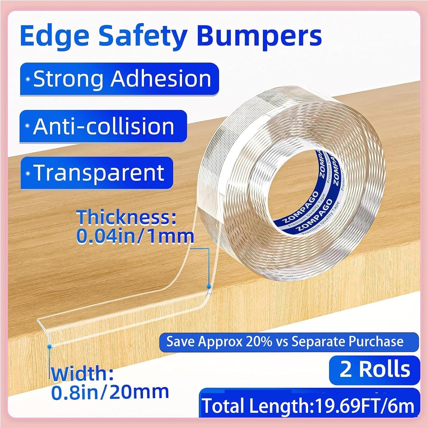 ZOMPAGO Baby Proofing Edge Protector Strip 2 Rolls 2in x 13FT Clear Furniture Corner Guards for Toddlers Transparent Soft Sharp Edge Safety Bumpers Table Desk Fireplace Child Proof Protector Tape