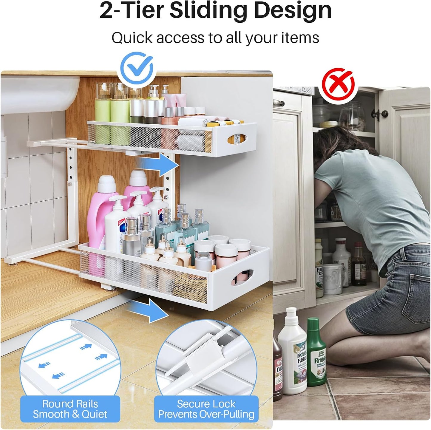 Under Sink Organizer, 2 Pack 2 Tier Pull Out Under Cabinet Organizer Shelf with Pad for Framed Cabinets, Metal Slide Out Under Sink Storage, Mesh Sliding Drawers for Kitchen Bathroom Laundry, Black