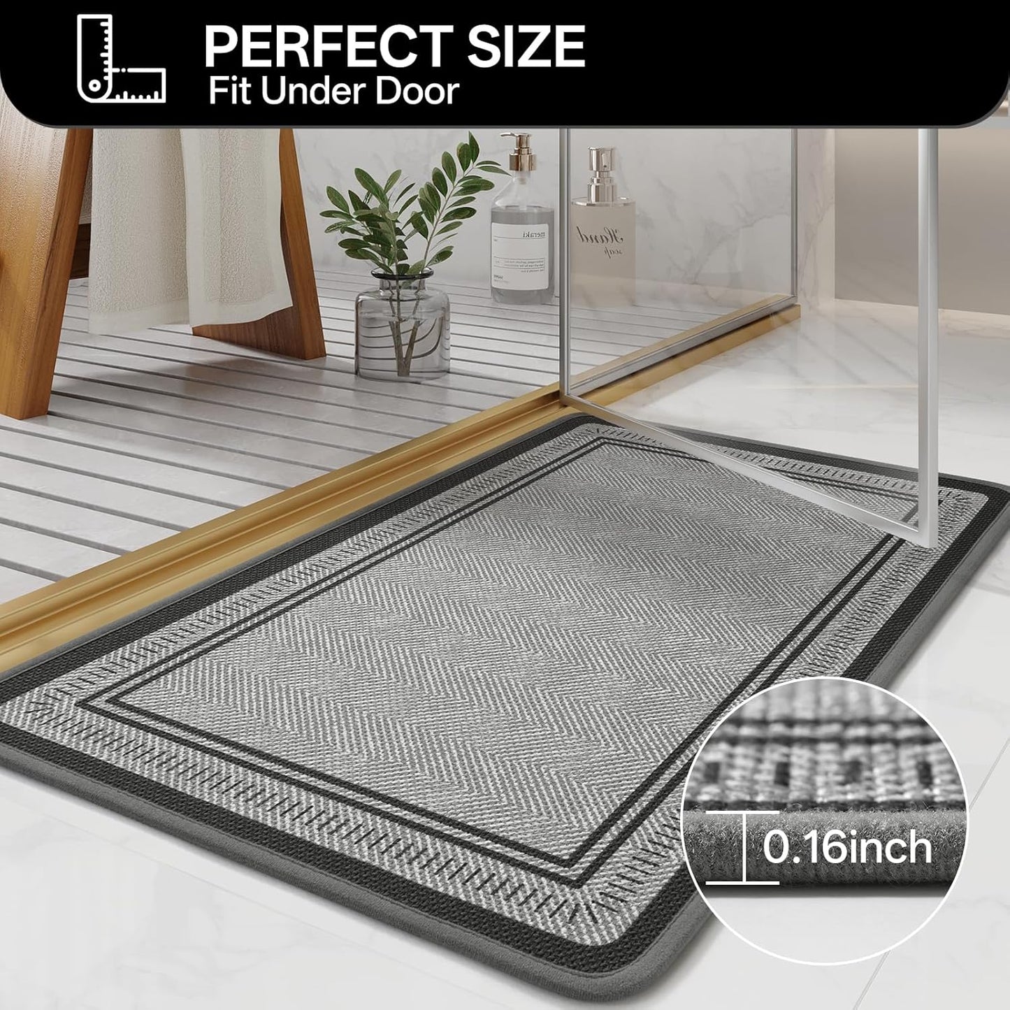 Non Slip Bath Mat with Rubber Backing, Absorbent Quick Dry Bath Rugs Washable, Thin Bathroom Rugs Fit Under Door for Bathroom Floor, Shower and Sink, 16"×24", Grey