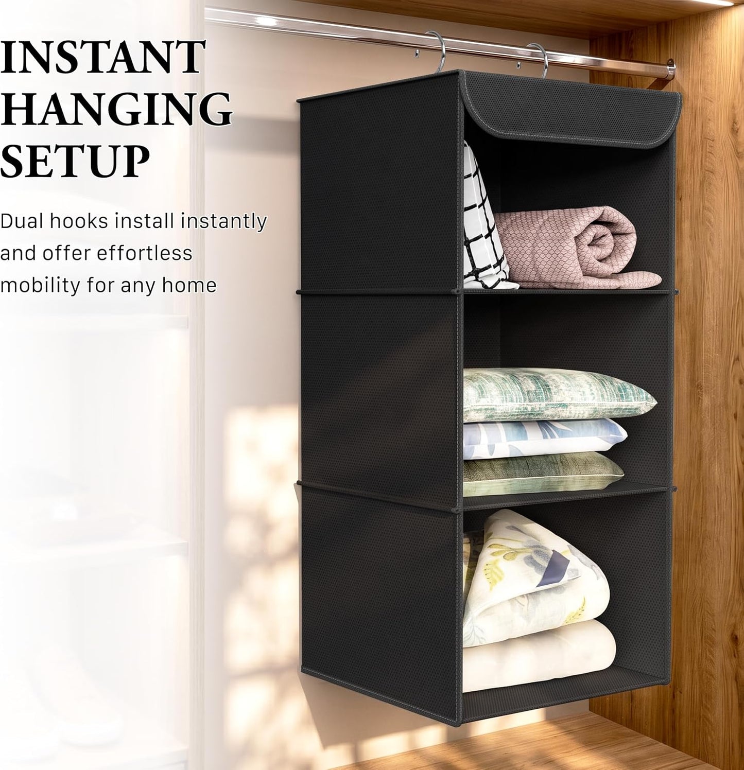 Simple Houseware 3-Shelf Hanging Closet Organizer, Fabric Storage Shelves with 57L Capacity, Black