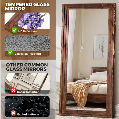 65"x22" Full Length Mirror Solid Wood Frame Floor Mirror with Stand for Living Room, Bedroom Hanging Standing or Leaning, Brown