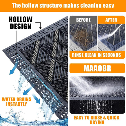 Heavy Duty Outdoor Door Mat with Drainage Holes, All-Weather EVA Boot Scraper Mat, Interlocking Floor Tiles, Non-Slip Waterproof Entrance Mat for Front Door Garage Porch(Gray+Gray,75x150cm)