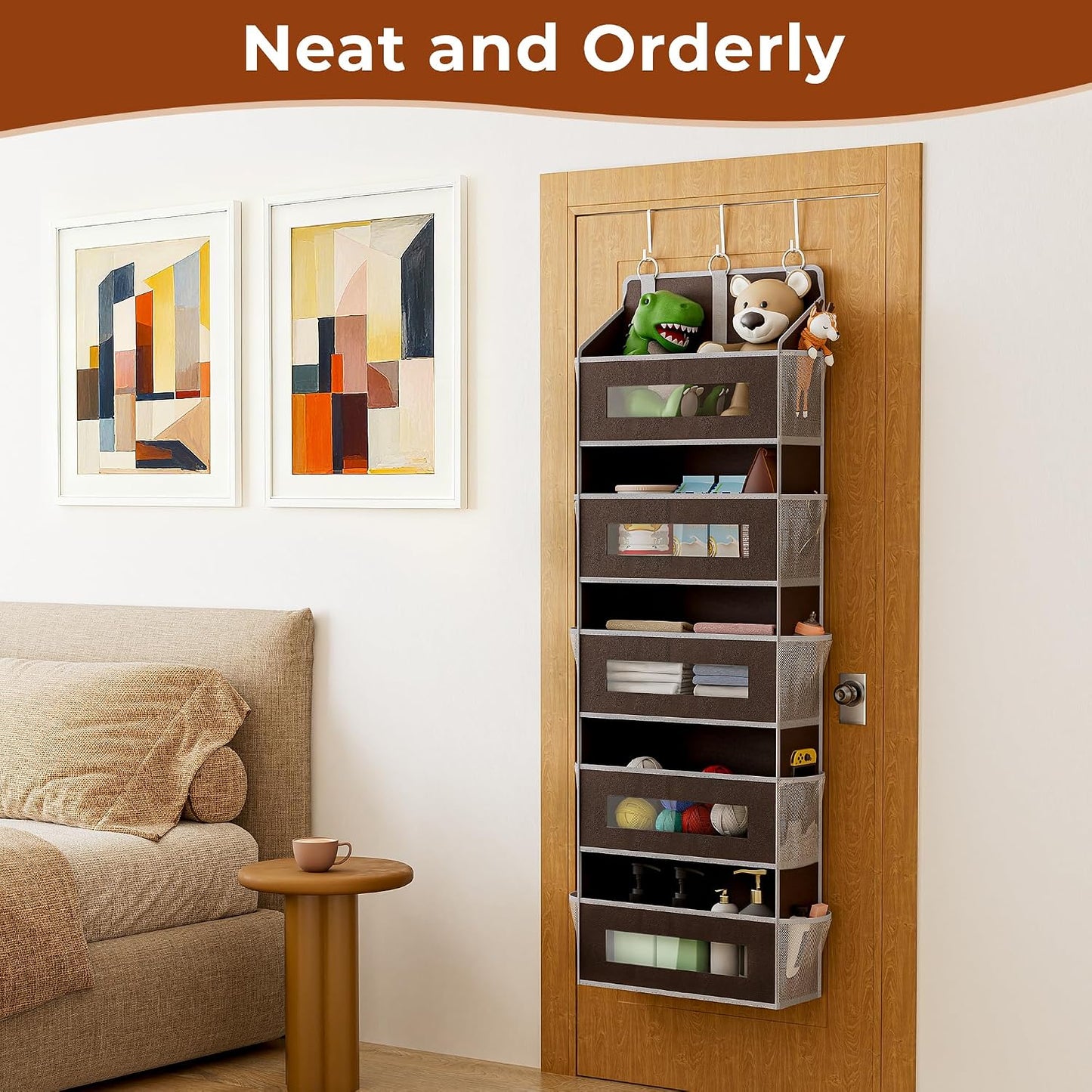 2 Pack 5 Tier Over The Door Organizer - Large Capacity Behind Door Hanging Shelves with 10 Mesh Pockets and Clear Windows, Closet Organizers and Storage for Bathroom, Bedroom, Nursery, Grey