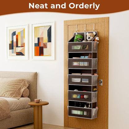 2 Pack 5 Tier Over The Door Organizer - Large Capacity Behind Door Hanging Shelves with 10 Mesh Pockets and Clear Windows, Closet Organizers and Storage for Bathroom, Bedroom, Nursery, Grey