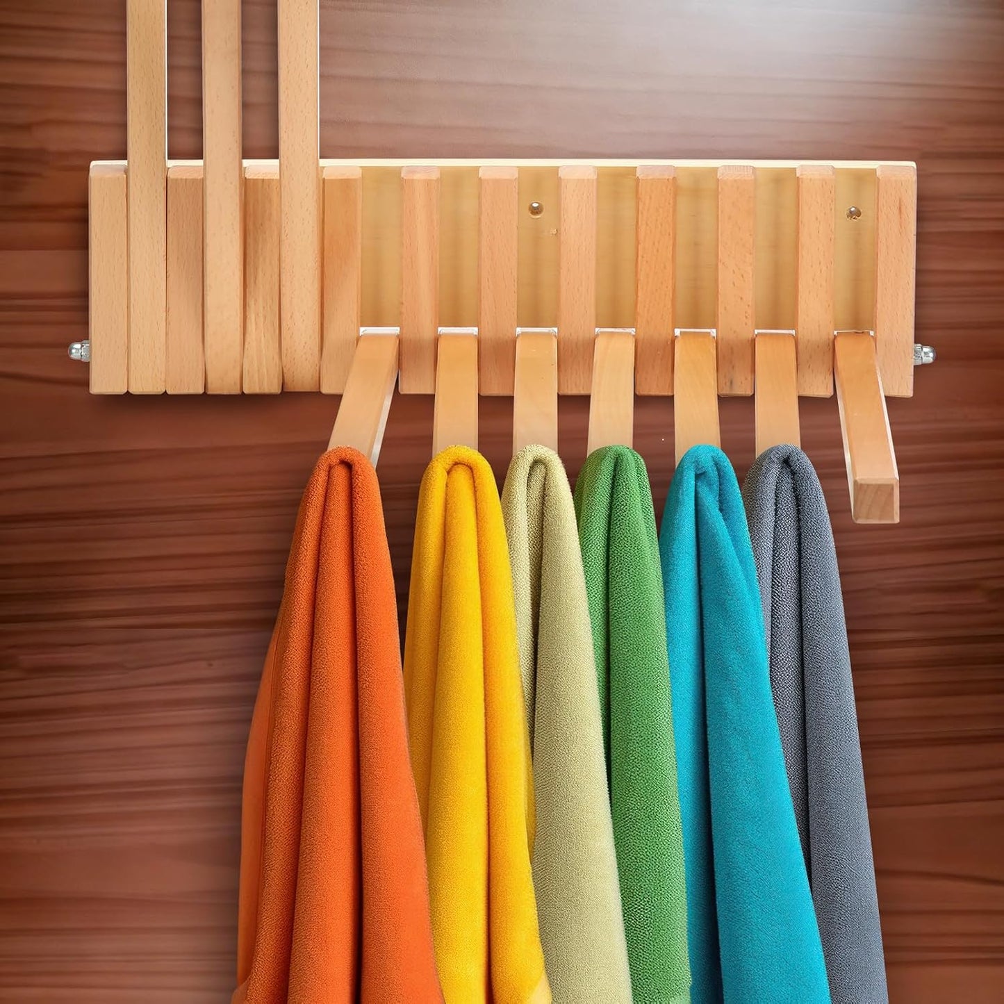 Domensi Beech Wood Wall Mounted Drying Rack for Laundry Room with 10 Mount Folding Coat Hooks Racks Drying Hanger for Bathroom Hat Towels Robes Rack Saving Space (Wood Color)
