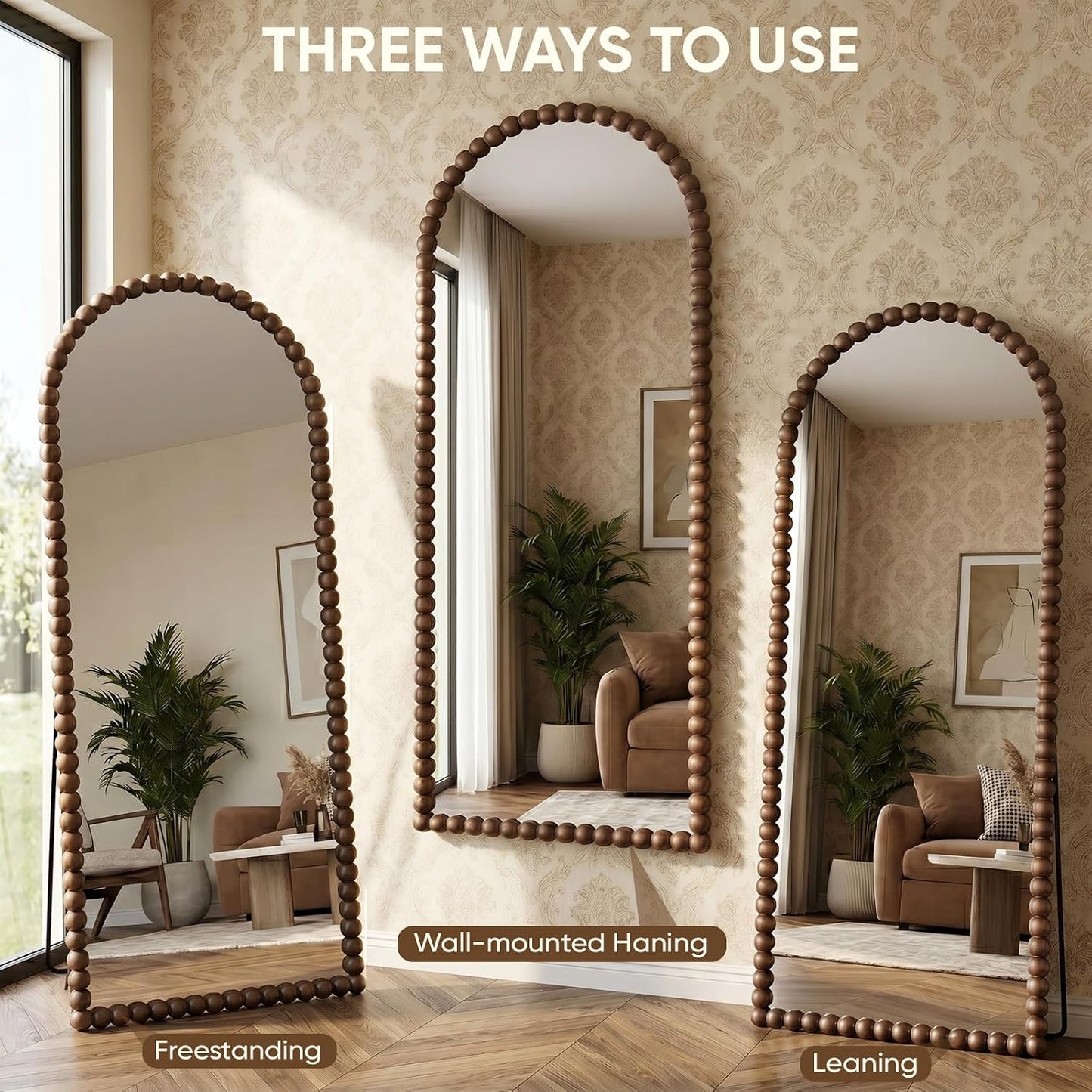 Antok 58" x 21" Arched Full Length Mirror, Antique Beaded Frame Floor Standing or Wall Mounted Mirror with Stand for Bedroom, Entryway, Brown, Luxury Style