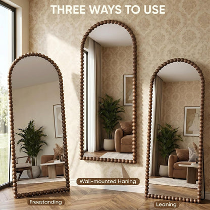 Antok 58" x 21" Arched Full Length Mirror, Antique Beaded Frame Floor Standing or Wall Mounted Mirror with Stand for Bedroom, Entryway, Brown, Luxury Style