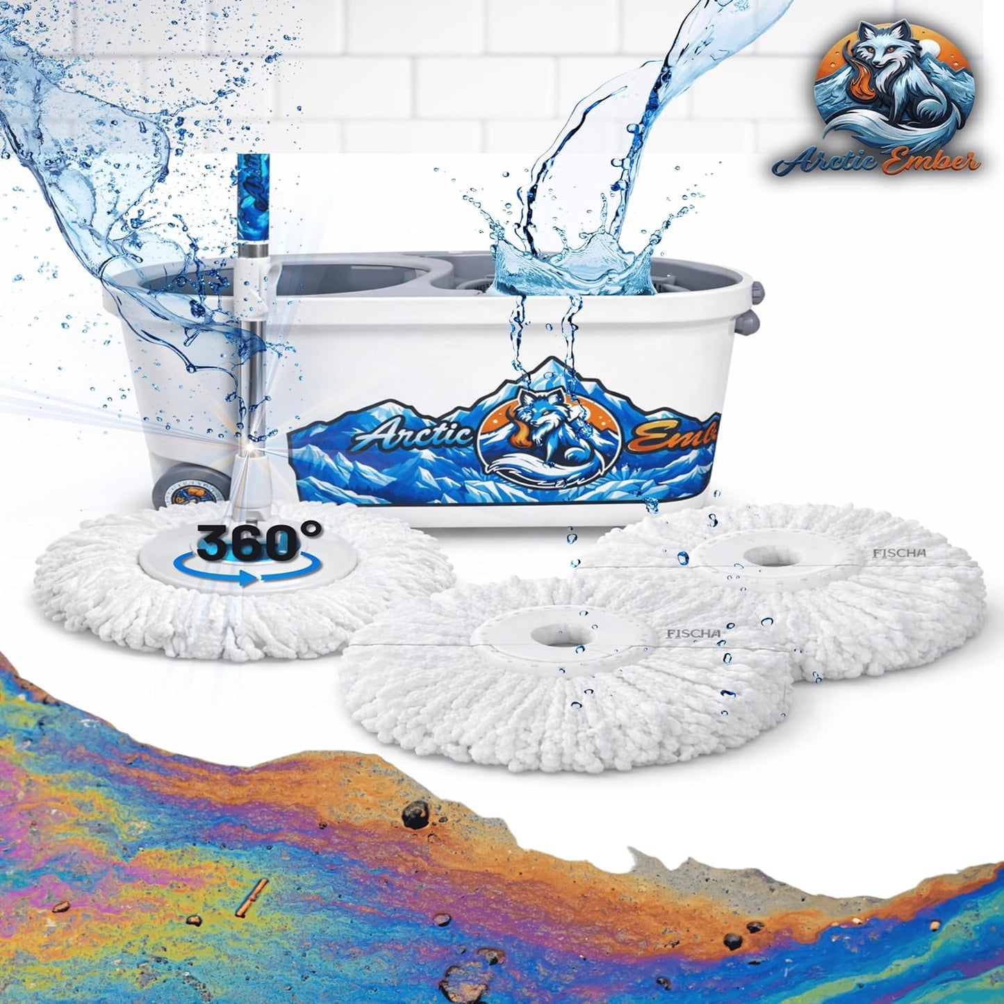 Spin Mop and Bucket System with Wringer, Microfiber Spin Mop and Bucket Set, Stainless Steel Handle, Rolling Mop Bucket with Drain Plug, Includes 3 Mop Heads for Hardwood Tile Floors
