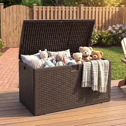 73 Gallon Lockable Outdoor Storage Bench Box, Waterproof & UV Resistant Patio Deck Container for Cushions, Pool Supplies & Yard Toys