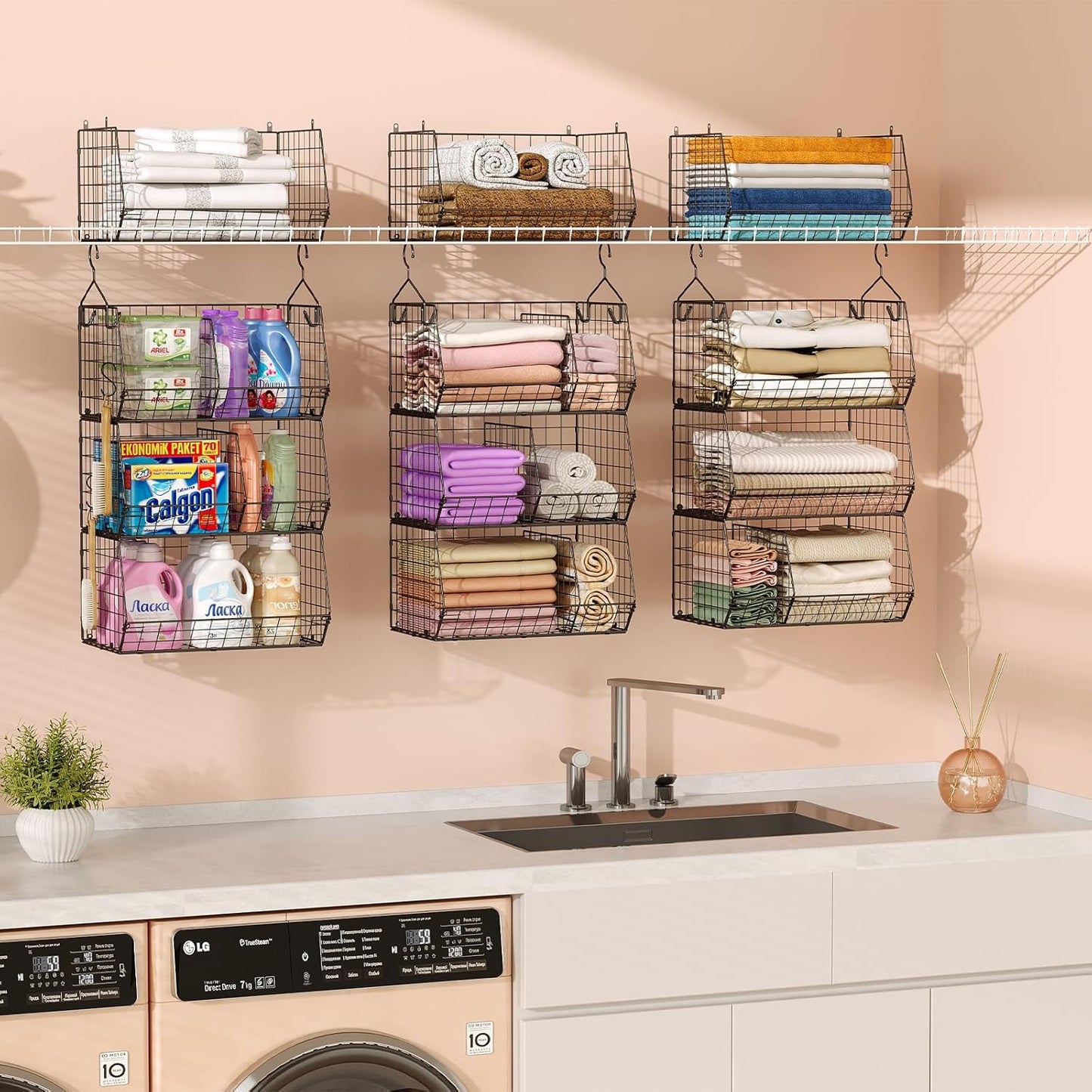 Jautokerdar 4 Tier Hanging Closet Organizer with Dividers,Extra Large Storage Hanging Shelf with 5 S Hooks 4 Dividers,Hang on Wire Closet Shelving Clothes Organizer-Black