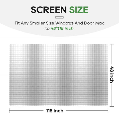 King&Charles Window Screen Door Repair/Replacement Kit, Include Black Screen Mesh 48"x118"+ 2 Roller+50Ft Spline+8Clips+Hook, 6 in 1 Window Mesh Kit, Steel/Nylon Bearing Roller