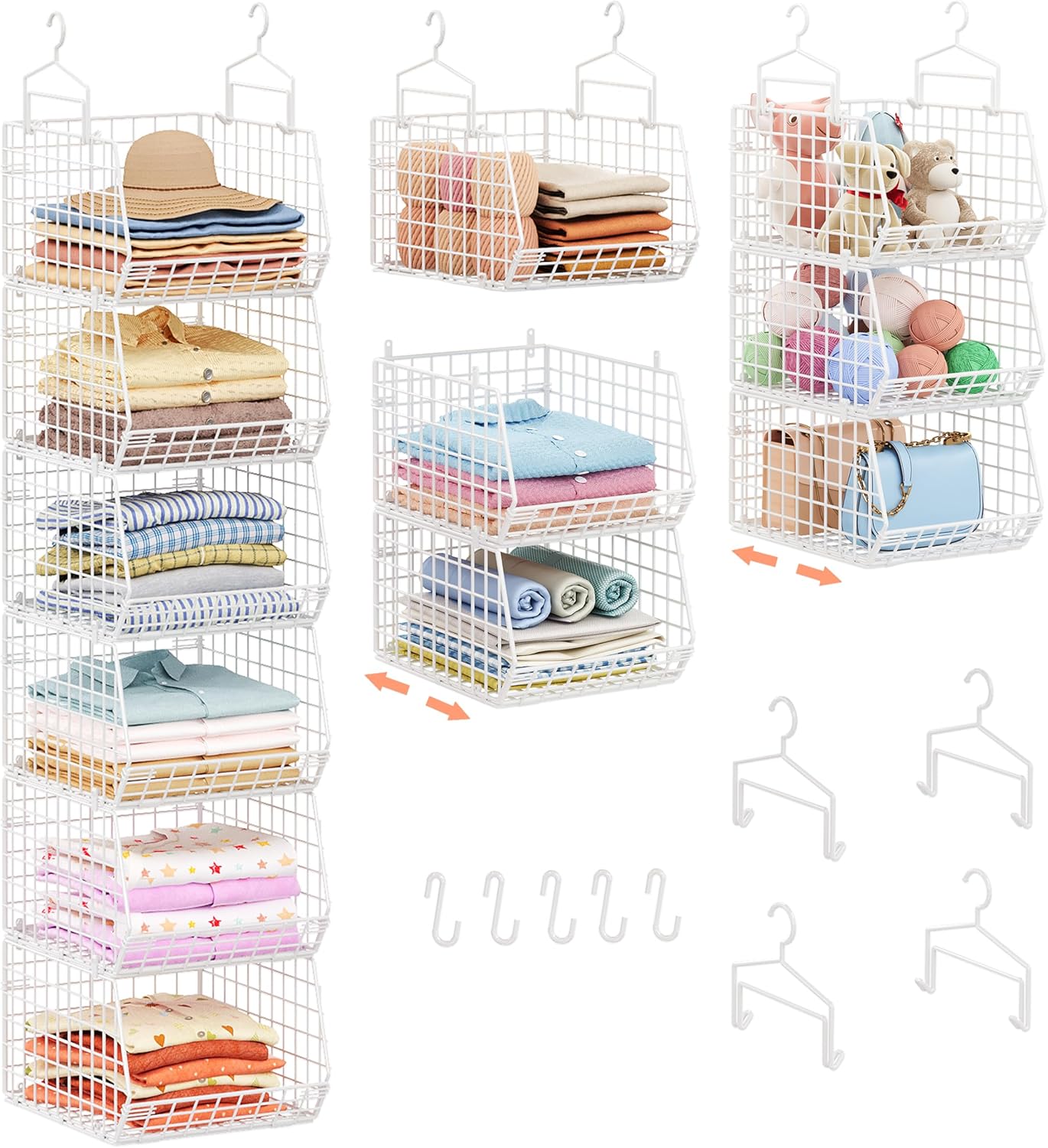 8-Tier Extended Depth Hanging Closet Organizers and Storage for Closet System, Stackable Closet Shelves with 4 Adjustable Dividers for Clothes Sweaters Purses, Wire Hanging Basket Fits Closet Laundry