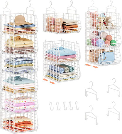 8-Tier Extended Depth Hanging Closet Organizers and Storage for Closet System, Stackable Closet Shelves with 4 Adjustable Dividers for Clothes Sweaters Purses, Wire Hanging Basket Fits Closet Laundry