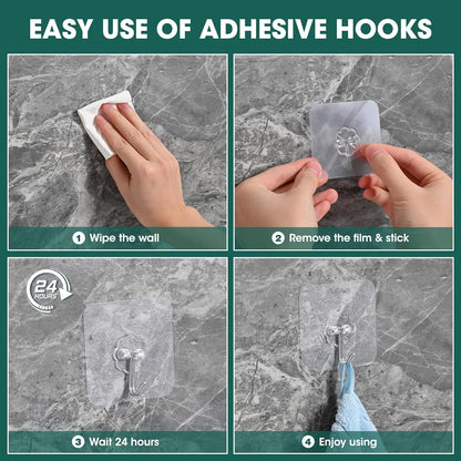 Large Adhesive Hooks for Hanging Heavy Duty 60Ib(Max) 8 Packs, Waterproof & Rustproof Wall Hangers Without Nails for Kitchen, Bathroom, Home, Office, Coat, Towel, Plant, Transparent