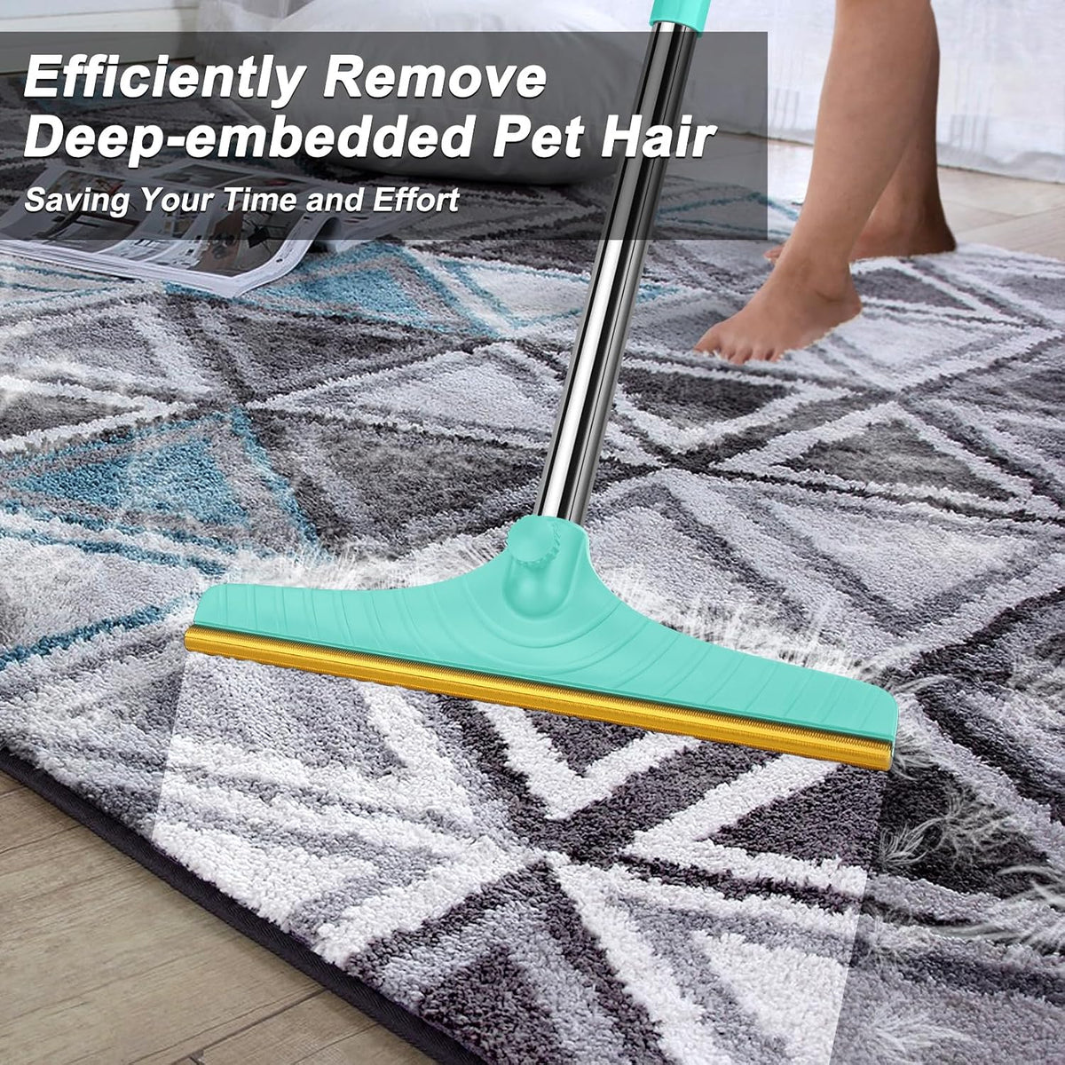 B-Land Carpet Rake for Pet Hair Removal, Reusable Pet Hair Remover with 60” Adjustable Long Handle, Carpet Scraper Broom Dog Cat Hair Remover Tool Fur Sweeper for Rugs, Mats