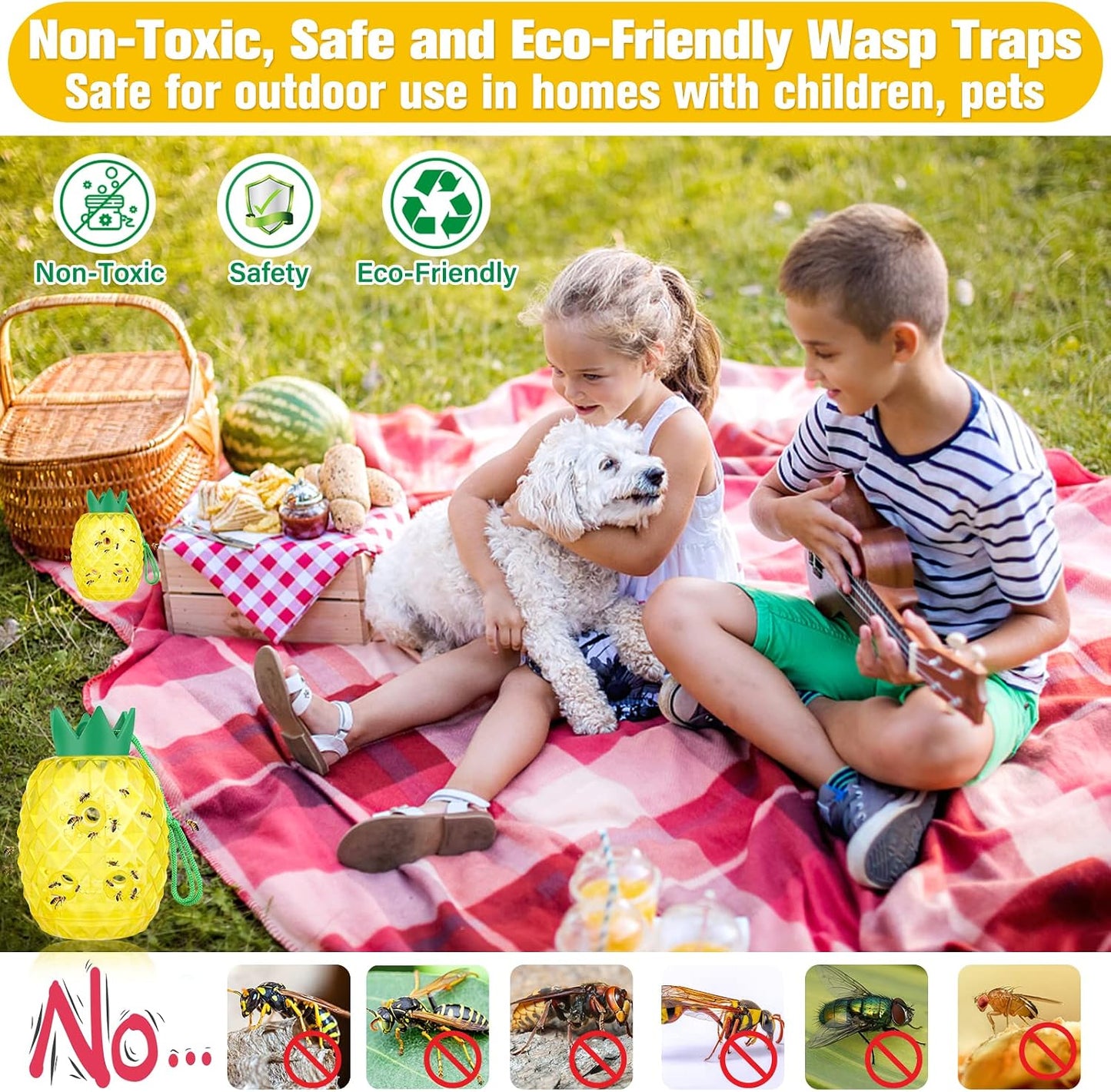 Wasp Trap, Yellow Jacket & Hornet Catcher for Outdoors, Reusable Hanging Wasp Catcher Traps, 2 Pack, Yellow - Pineapple Shape