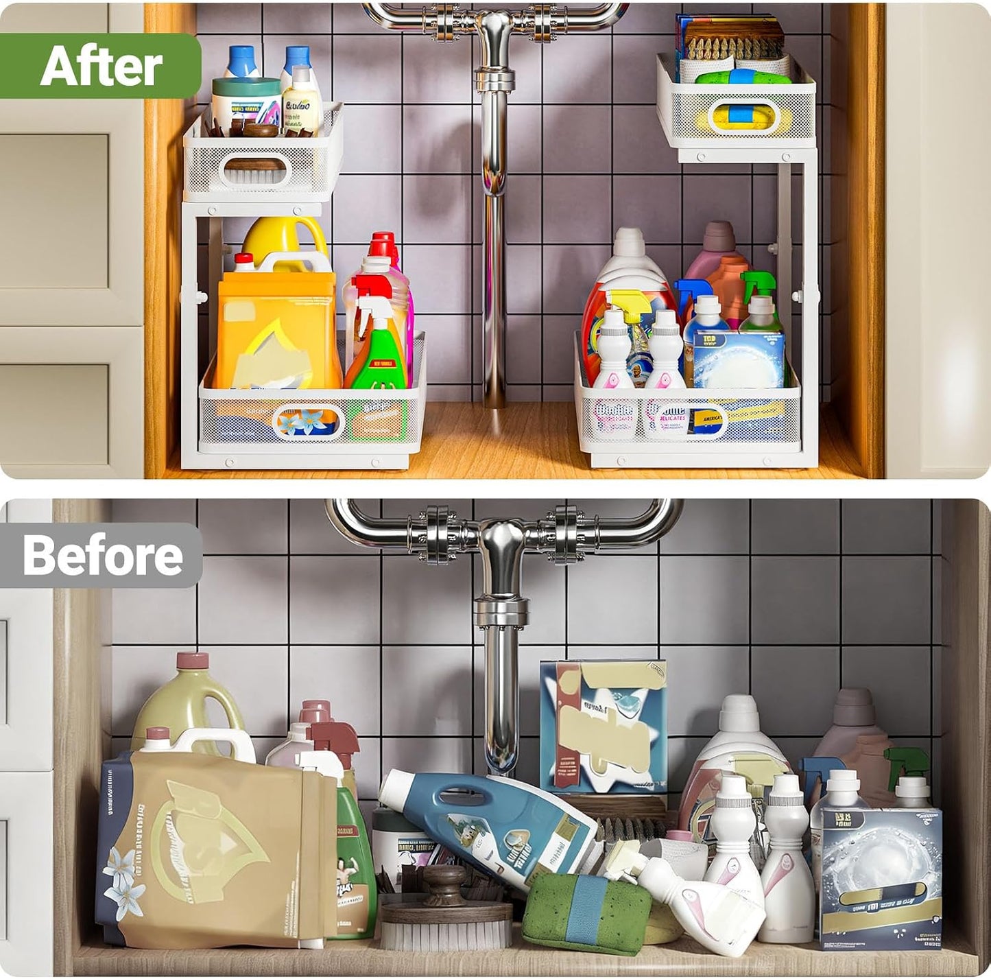 Under Sink Organizer 2-Pack, Metal 2-Tier Pull-Out Cabinet Shelf with Slide-Out Mesh Drawers, Height Adjustable, Space-Saving Under Sink Storage Racks for Kitchen, Bathroom, Laundry Room