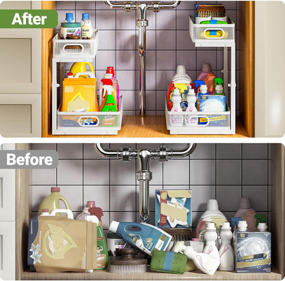 Under Sink Organizer 2-Pack, Metal 2-Tier Pull-Out Cabinet Shelf with Slide-Out Mesh Drawers, Height Adjustable, Space-Saving Under Sink Storage Racks for Kitchen, Bathroom, Laundry Room