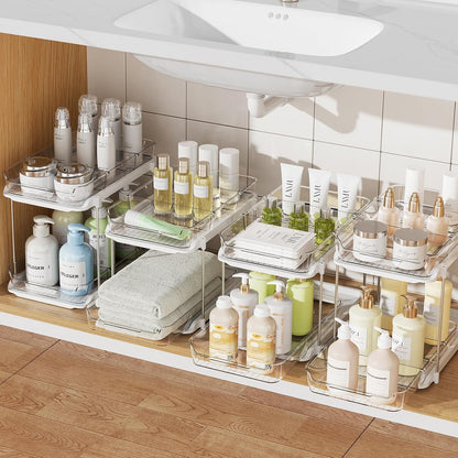 Delamu 2 Sets of 3-Tier Bathroom Under Sink Organizers and Storage, Multi-Purpose Stackable Pantry Organization and Storage, Pull Out Clear Kitchen Bathroom Cabinet Organizer with Movable Dividers | Storage