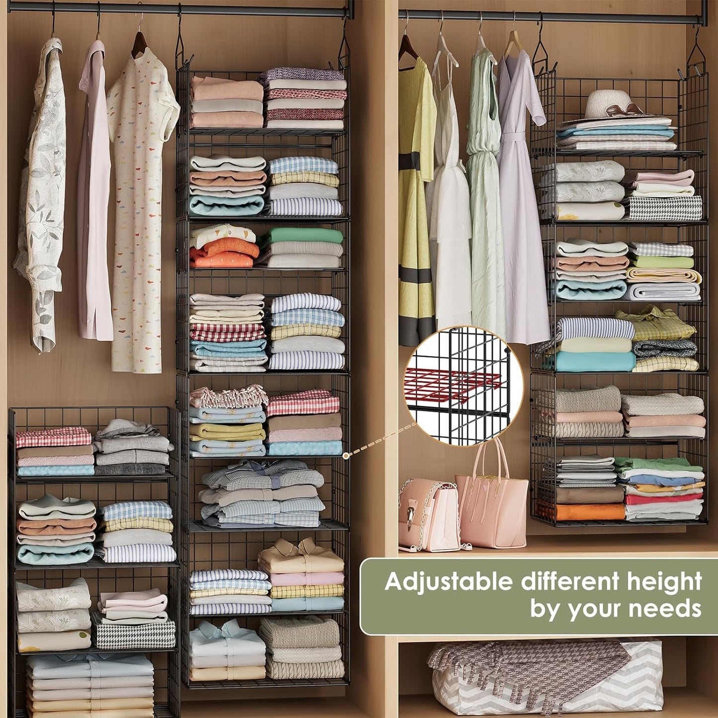 X-cosrack Closet Hanging Organizer Shelves - 5 Tier Wardrobe Organizers and Storage Bin, Hanging Organizer Shelves, Clothes Shelf with Adjustable Dividers for Bedroom Closet Sweater Shoes Handbag