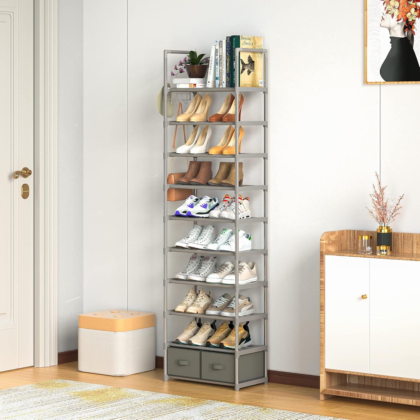 OYREL Tall Shoe Rack Narrow 10 Tier Shoes Rack 20 25 Pairs, Shoe Storage Organizer for Closet, Sturdy Metal Shoe Shelf Shoe Stand with 2 Boxes 1 Hook