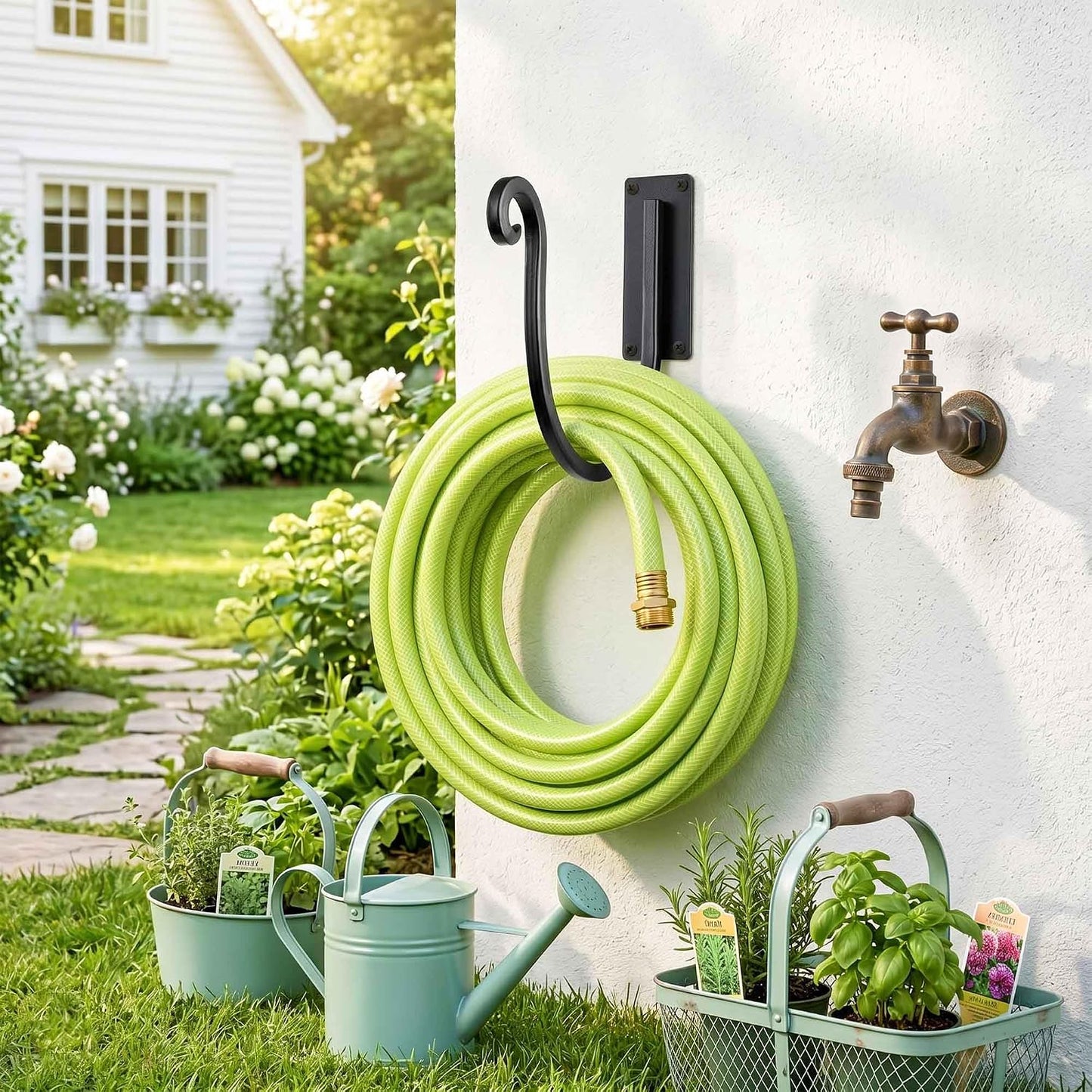 Hose Holder Wall Mount: 8 Inch Metal Heavy-Duty Garden Hose Hanger Outdoor | Hand-forged Hose Rack Mount