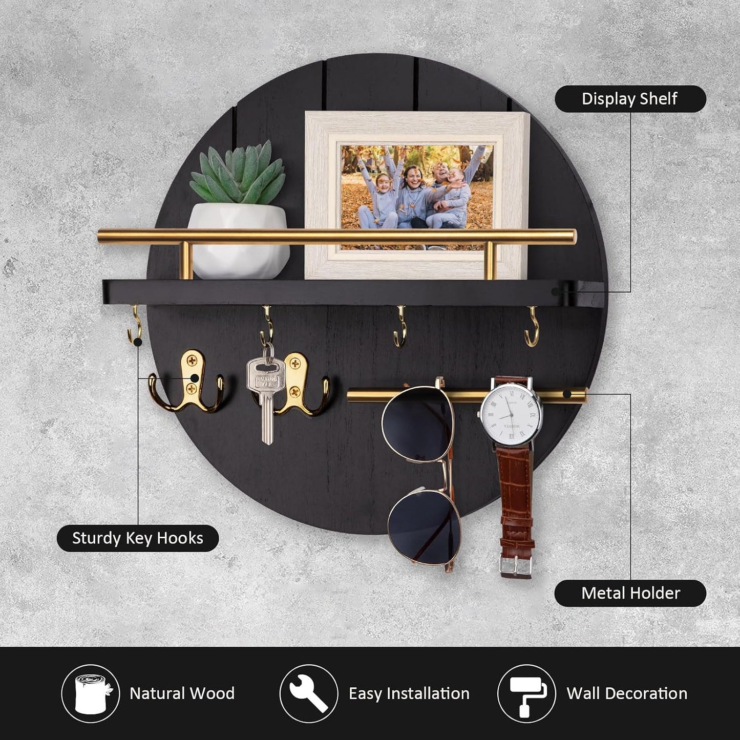 Nekon Key Holder Wall Mount, 11.8 Inch Rack With Shelf and 6 Hooks, Rustic Mail Organizer, Circular Wooden Hanger for Entryway Hallway Kitchen (Brown&Gold)