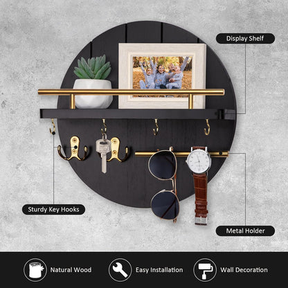 Nekon Key Holder Wall Mount, 11.8 Inch Rack With Shelf and 6 Hooks, Rustic Mail Organizer, Circular Wooden Hanger for Entryway Hallway Kitchen (Brown&Gold)
