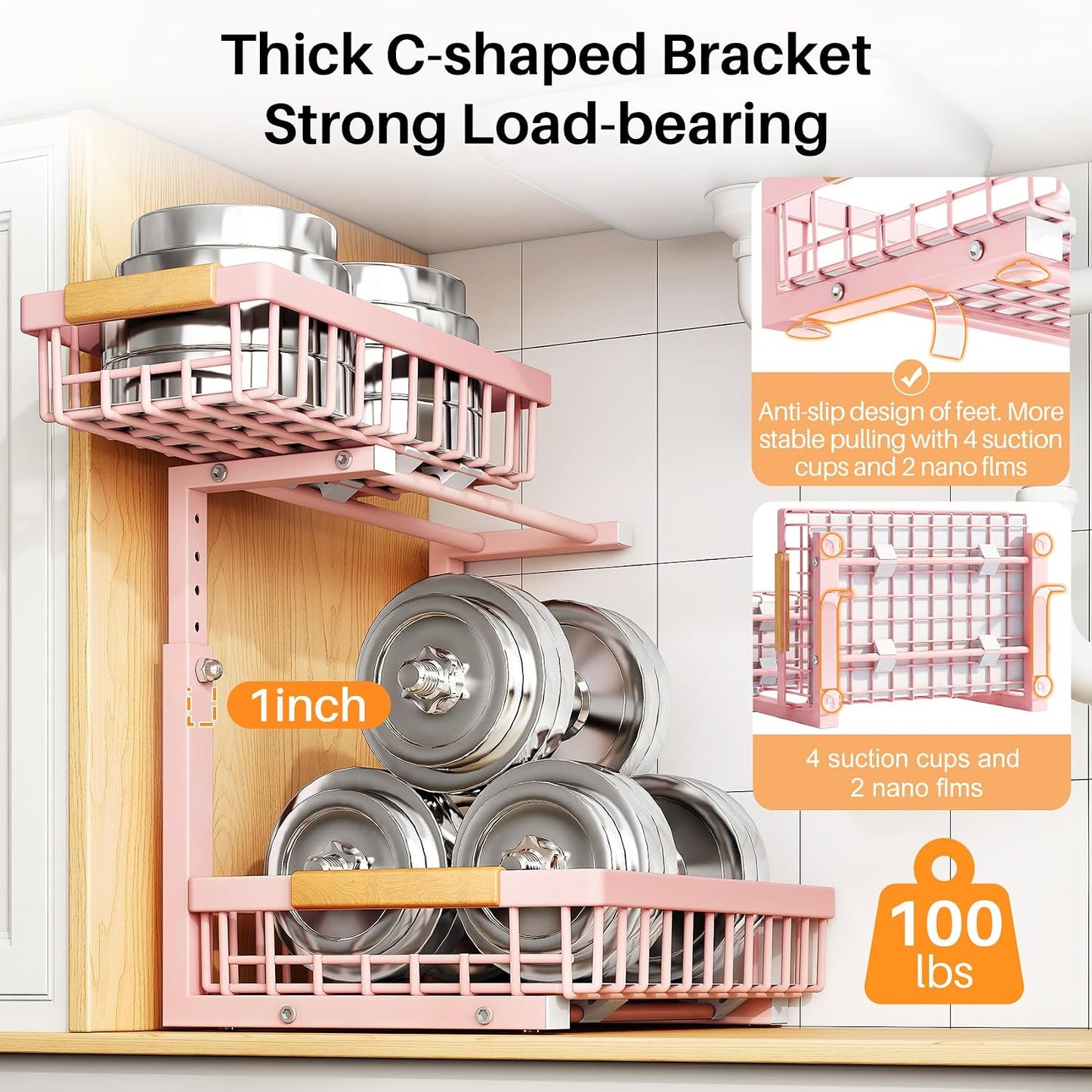 PXRACK Under Sink Organizer, Adjustable Height, 2 Tier Pull Out Under Cabinet Organizer, Slide Out Thickened Metal Under Sink Storage for Kitchen Bathroom Laundry Pantry Cabinet, White, Large-1-Pack