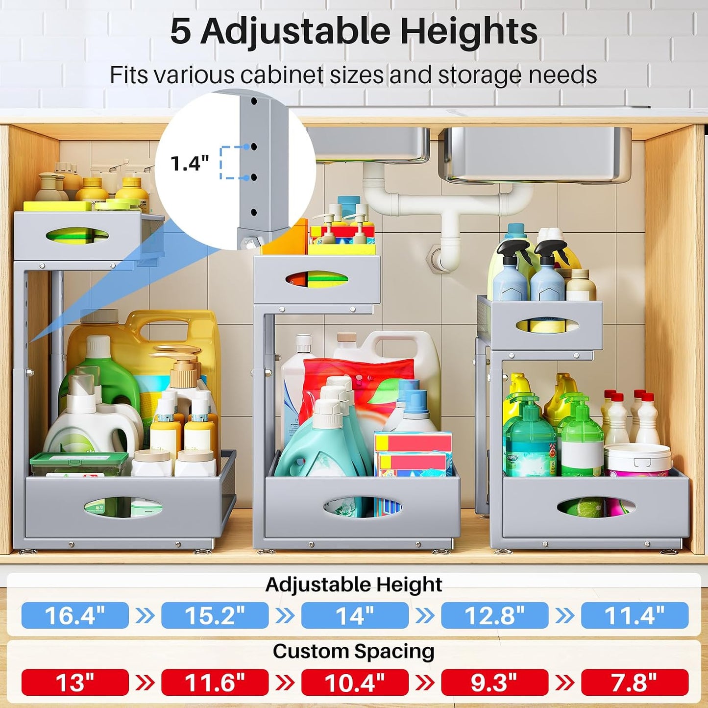 Under Sink Organizer, 2 Pack 2 Tier Pull Out Under Cabinet Organizer Shelf with Pad for Framed Cabinets, Metal Slide Out Under Sink Storage, Mesh Sliding Drawers for Kitchen Bathroom Laundry, Black