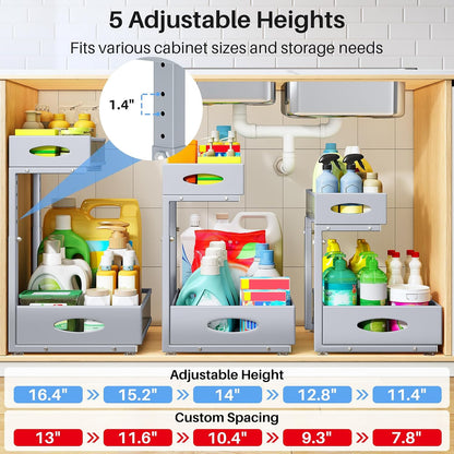 Under Sink Organizer, 2 Pack 2 Tier Pull Out Under Cabinet Organizer Shelf with Pad for Framed Cabinets, Metal Slide Out Under Sink Storage, Mesh Sliding Drawers for Kitchen Bathroom Laundry, Black