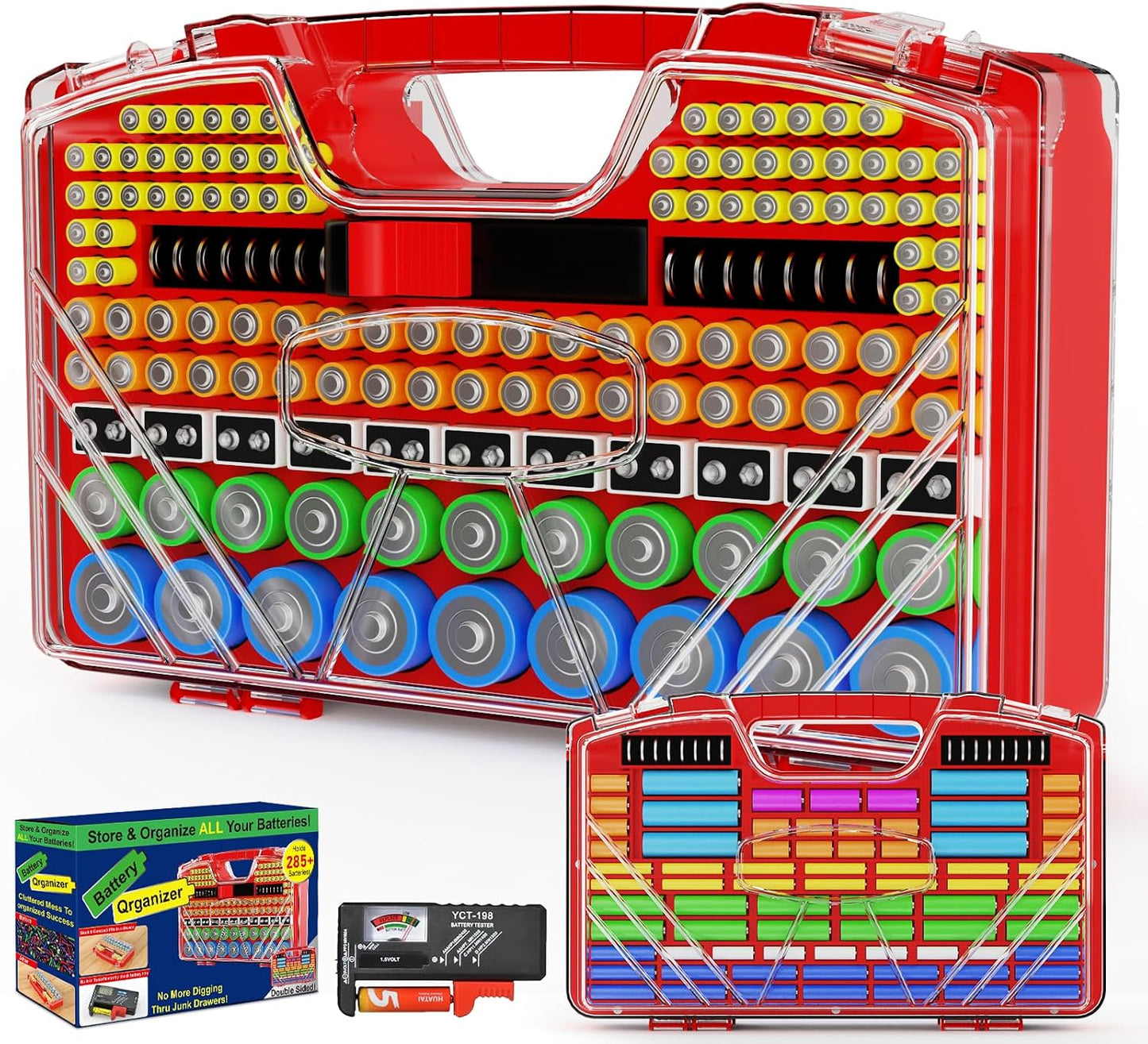 Battery Organizer Storage Holder Box Case with Tester, New Ultra-Large 285+Batteries Double-Sided Variety Pack, Holds AA AAA 4A C D Button Cell 9V 3V Lithium18650 CR2 CR123 CR1632 LR44 (Red)