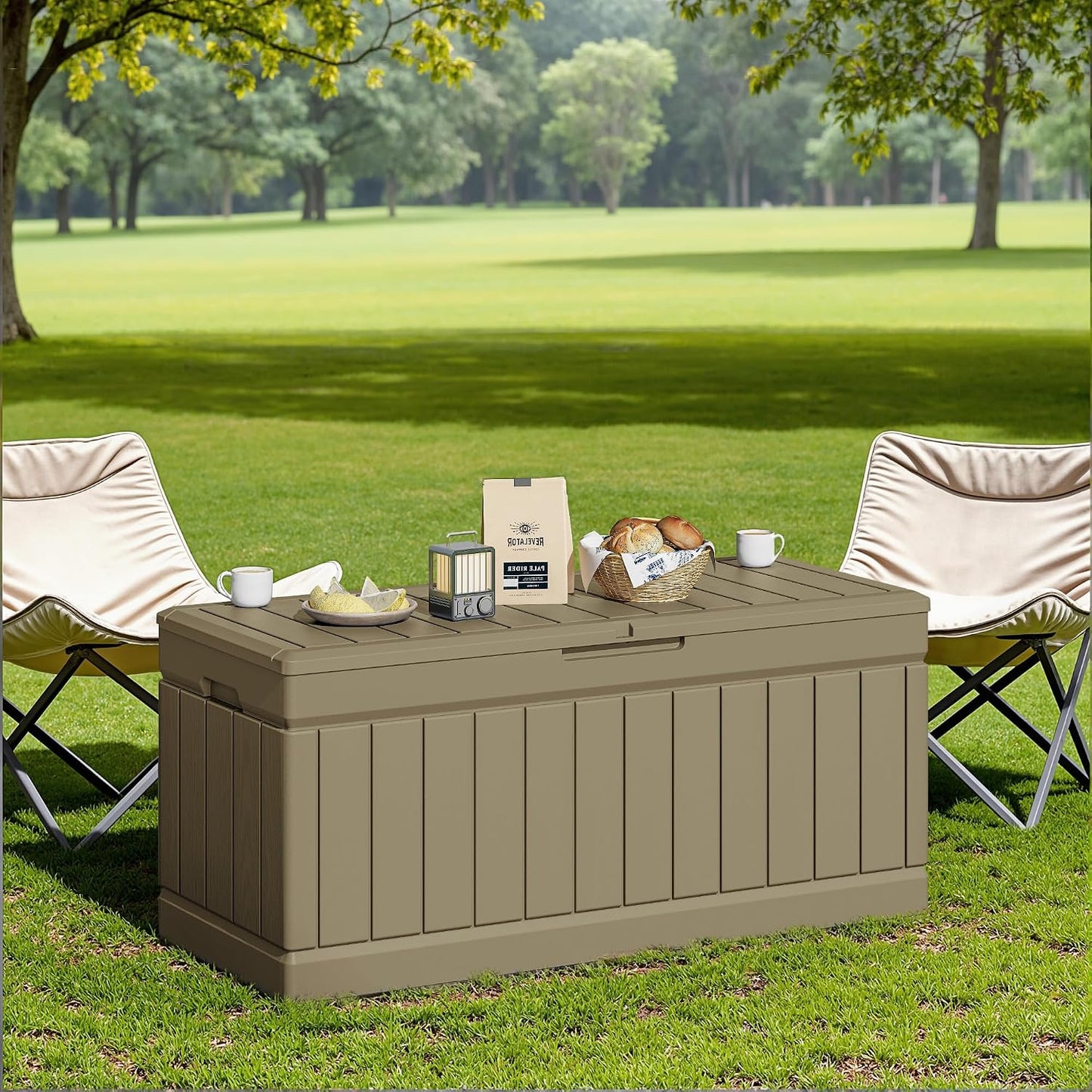 JUMMICO 31 Gallon Resin Deck Box Waterproof Indoor Outdoor Storage Boxes for Patio Furniture Cushions and Garden Tools (Brown)