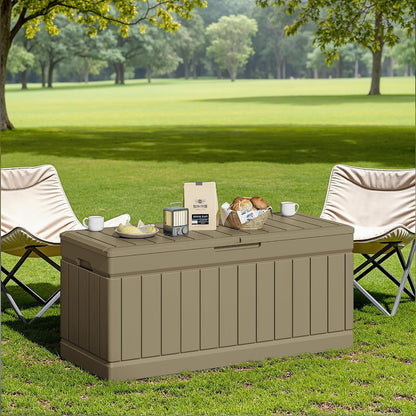 JUMMICO 31 Gallon Resin Deck Box Waterproof Indoor Outdoor Storage Boxes for Patio Furniture Cushions and Garden Tools (Brown)