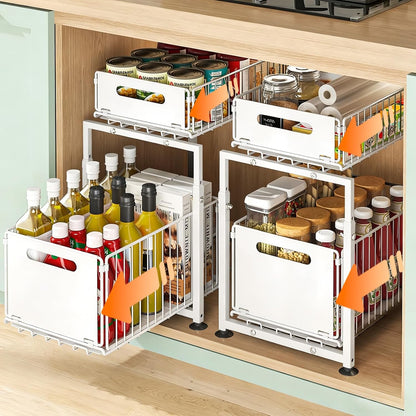 Under Sink Organizer, 2-Tier Multi-Use Kitchen and Bathroom Organizers and Storage, Slide Out Thickened Metal Under The Sink Organizer for Kitchen Bathroom Pantry (Style A White, 1 Pack)