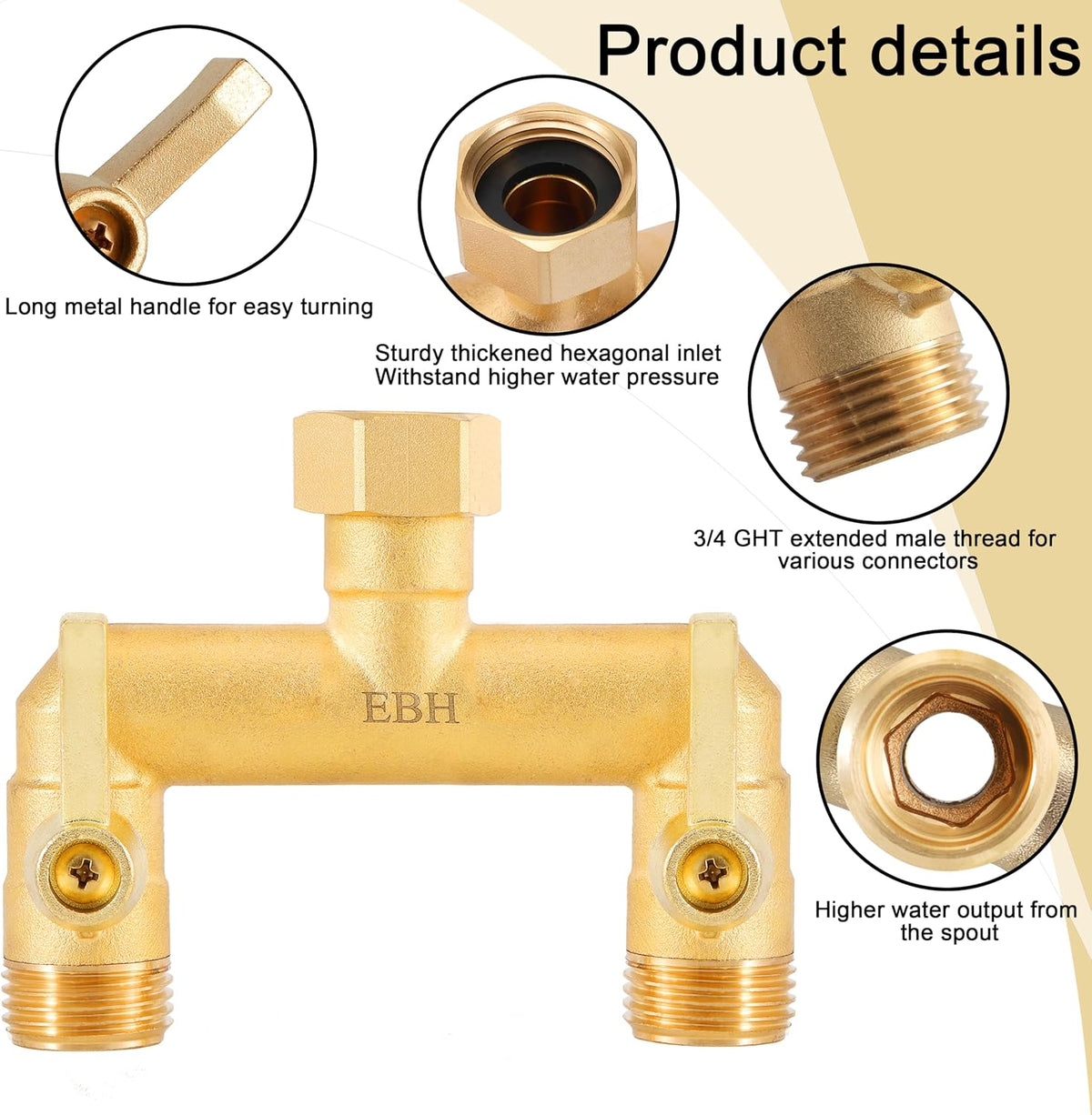 EBH Brass Garden Hose Splitter, 3 Way High Flow Outdoor Faucet Splitter,Full Flow 3-Way Brass Heavy Duty Hose Splitter With 3 Long Metal Handle and Individual On/Off Valve。
