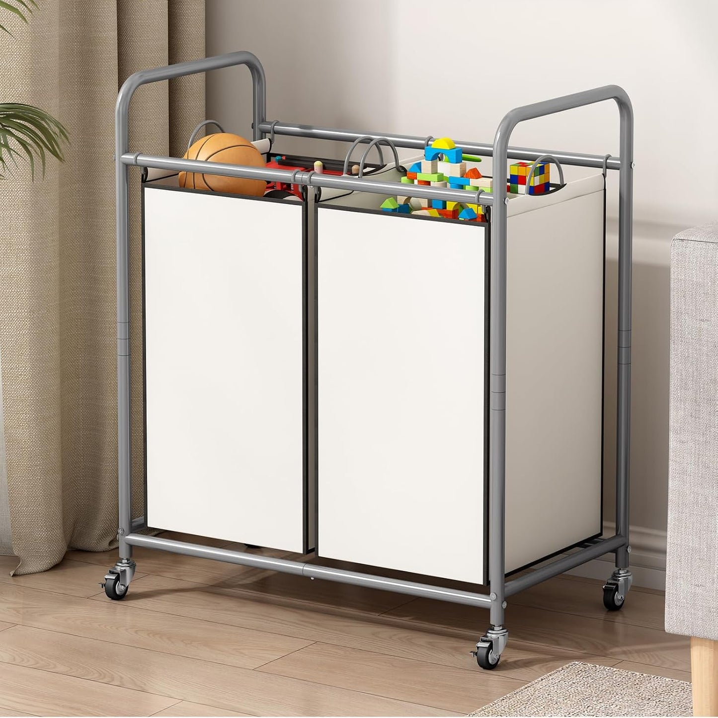 SUOERNUO Laundry Sorter Basket 2 Bag Laundry Hamper Cart with Rolling Lockable Wheels and Removable Bags Laundry Organizer Cart for Clothes Storage, Assorted