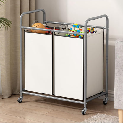 SUOERNUO Laundry Sorter Basket 2 Bag Laundry Hamper Cart with Rolling Lockable Wheels and Removable Bags Laundry Organizer Cart for Clothes Storage, Assorted